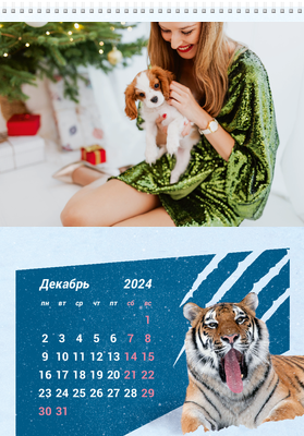 Вертикальные настенные перекидные календари - Снежный тигр Декабрь